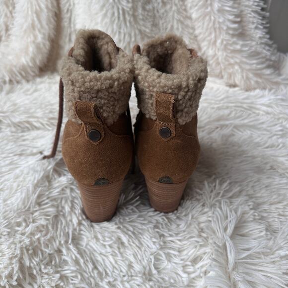 Ugg Annalise Chestnut Lace Up Suede and Sheepskin Heeled Booties Size 6 - Picture 3 of 13